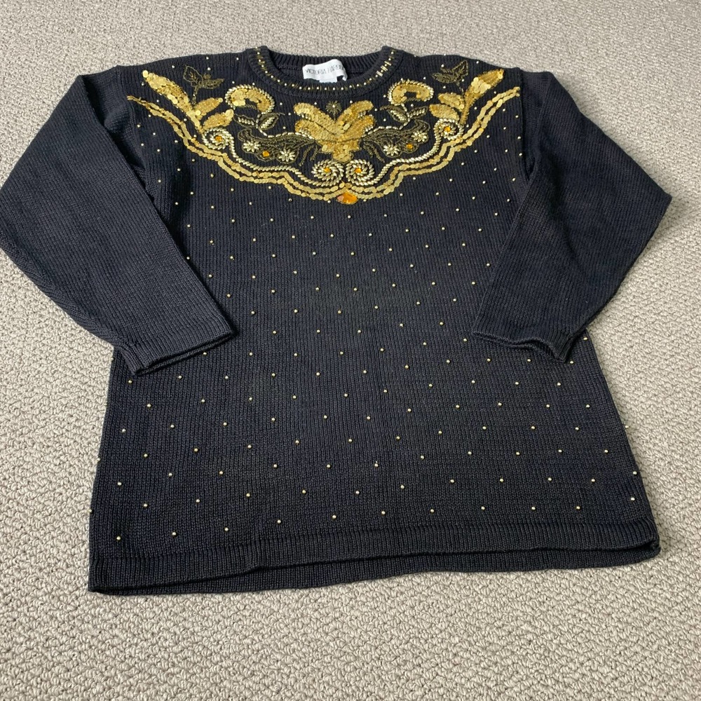 VTG Victoria Harbour Womens Sweater Size Medium Black Sequins Beaded Grandmacore